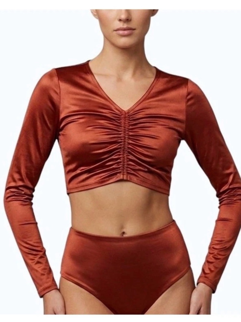 NWT Calia Swim Women’s Rash Guard Top LS Red Brown Shine Ruched Sizes XS - XXL